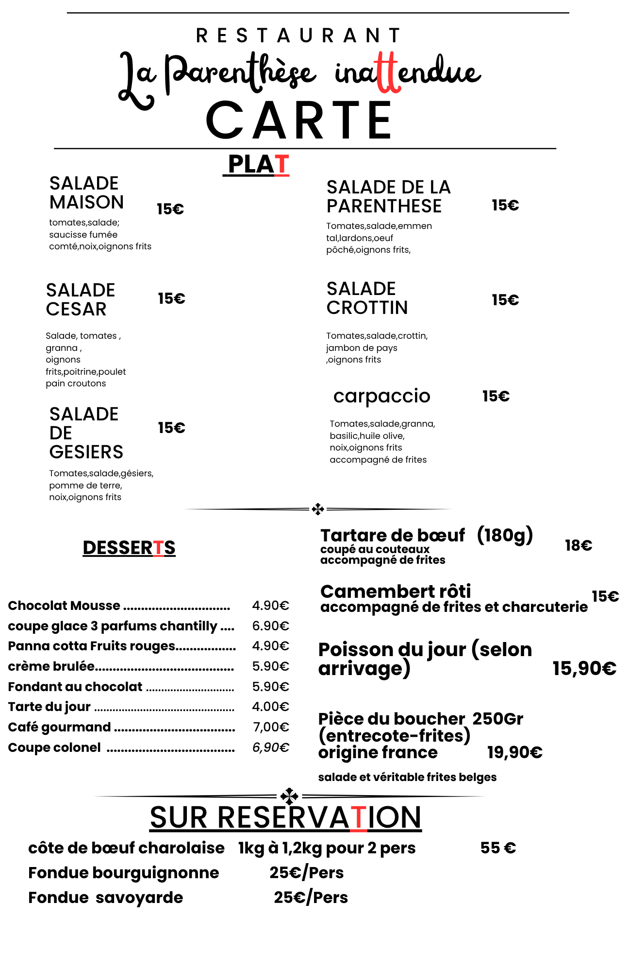 Nouvelle carte du restaurant 